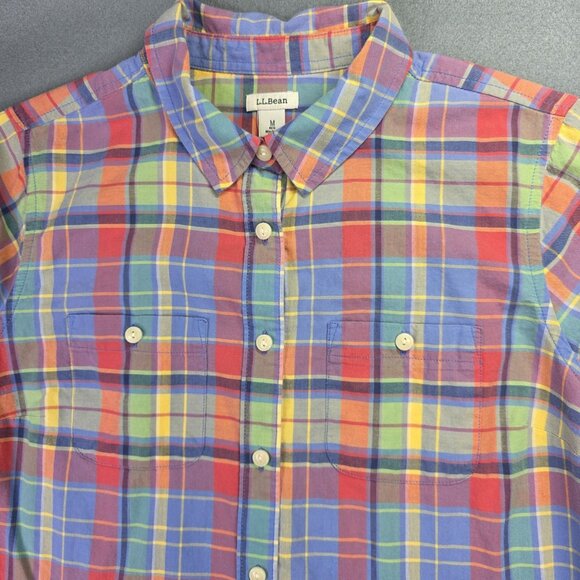 LL Bean Shirt Womens Medium Multicolor Plaid Madras Long Sleeve Preppy Casual - Picture 2 of 8